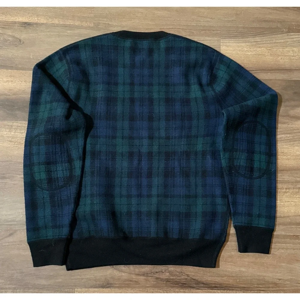 J. Crew Mens Sz M Merino Wool Black Watch Plaid Sweater Elbow Patches Blue Green